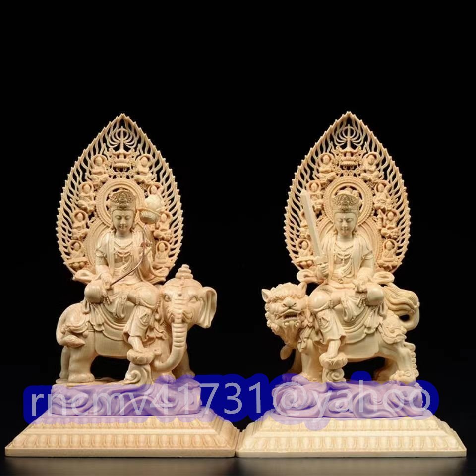 「81SHOP」極上品★総檜材/仏教工芸品/ 木彫仏教 精密彫刻/仏師で仕上げ品/文殊菩薩/普賢菩薩座像拍卖