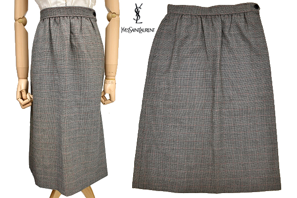 M-1253★送料無料★超美品★YVES SAINT LAURENT diffusion femmes イヴ サンローラン★秋冬 カシミヤ ウール グレー チェック スカート M拍卖