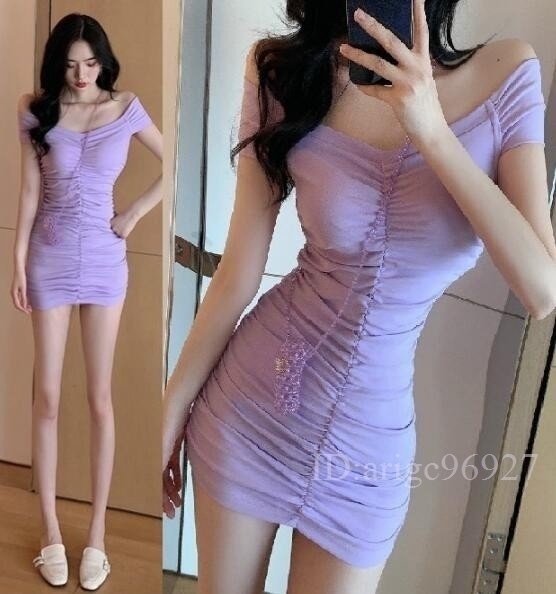 I103★セクシー エロかわ ぴったりボディライン オフショル ギャザー入 肩開き タイトワンピース パープル 紫 伸縮性有り拍卖