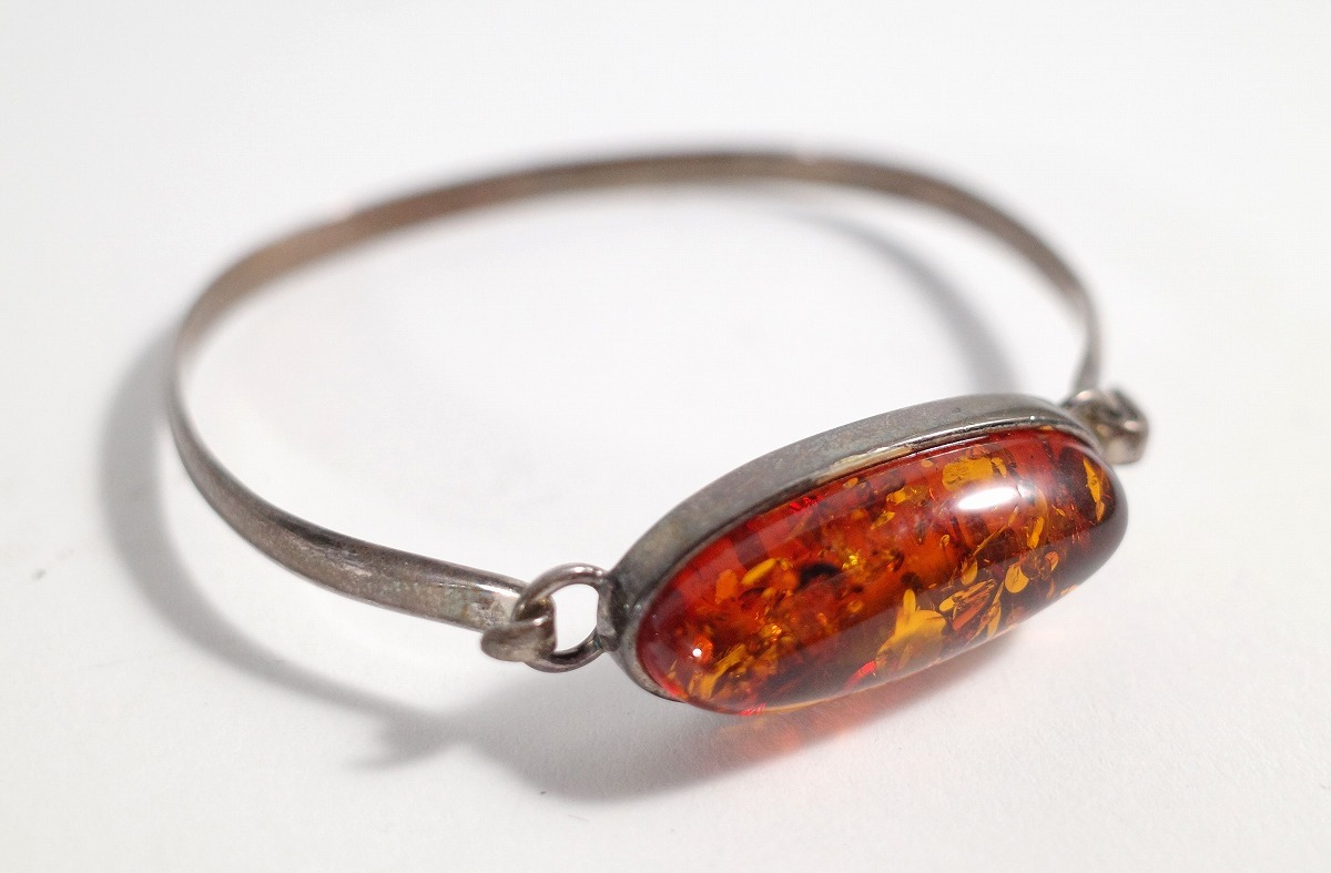 琥珀 アンバー 925 ブレス バングル 大粒 アンティークジュエリー こはく シルバー拍卖