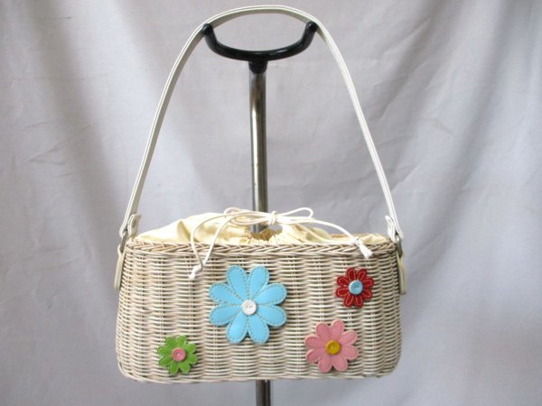 【P111】ラタンかごハンドバッグ IV◇花飾り付 開口部布付 W28cm拍卖