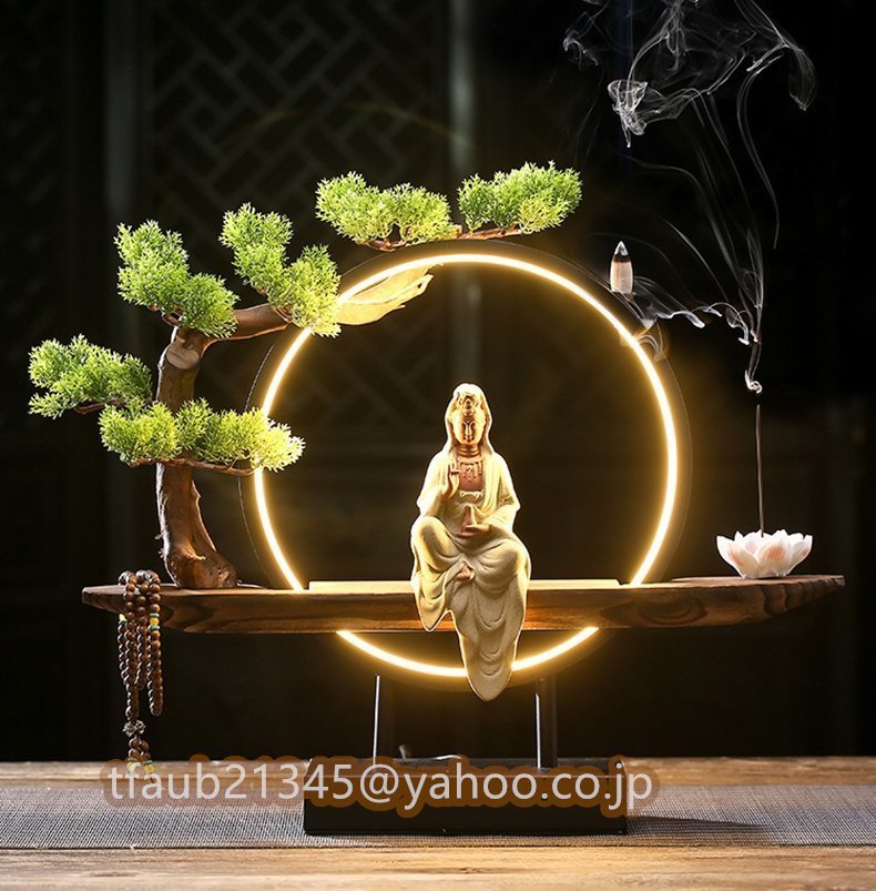 【ケーリーフショップ】仏教美術 観音 仏像 仏教美品 香立 台座付き ライト付き インテリア 装飾品 工芸品 禅の置物 逆流香拍卖