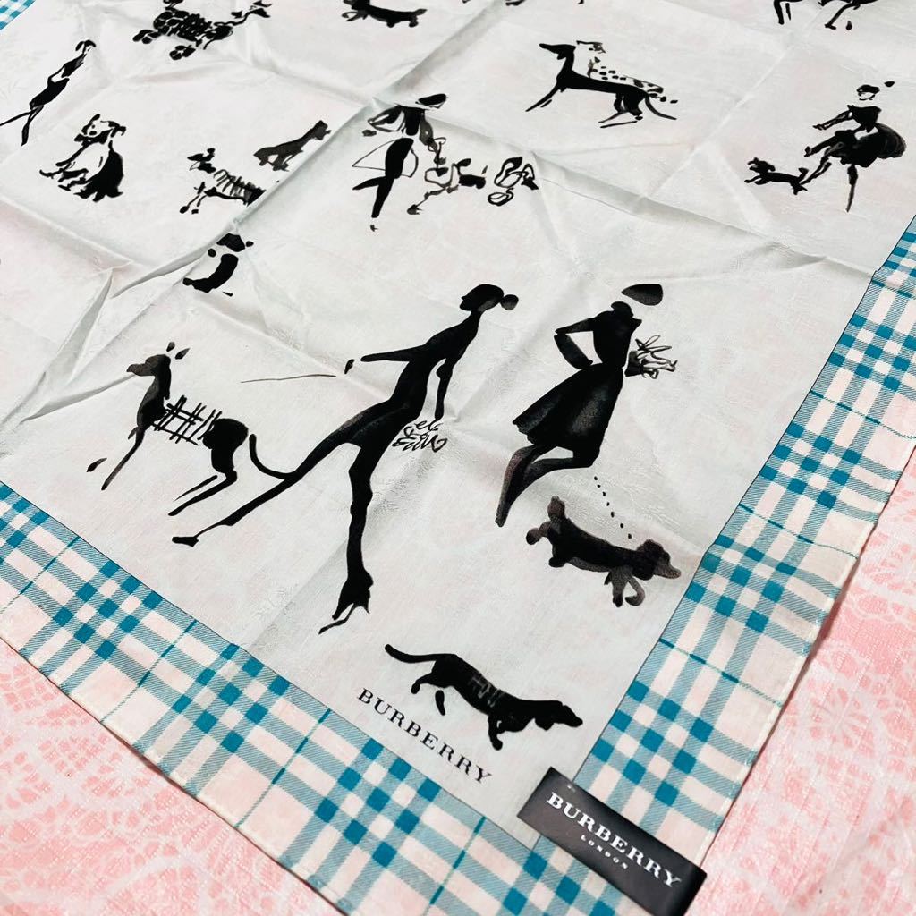 【希少】新品/BURBERRY/女の子/大判ハンカチ/正規品/綿100%/未使用/匿名発送/バーバリー/ノバチェック/女性/スカーフ/水色/ダックス犬/訳有拍卖