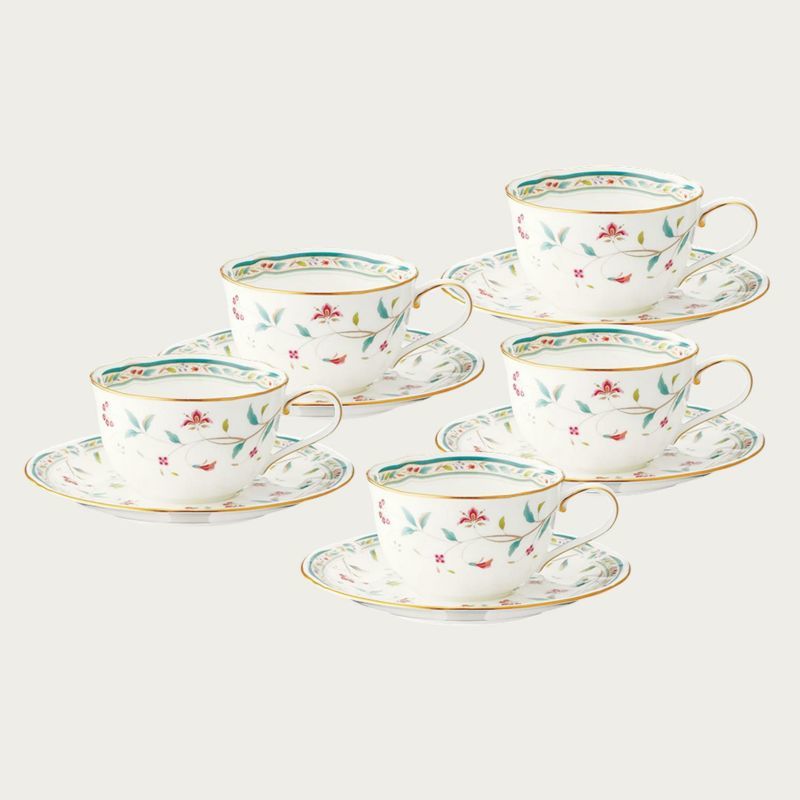 ノリタケ! ☆花更紗コーヒー碗皿5客☆ 新品 紅茶 ミルク ラテ エスプレッソ カプチーノ 茶器 ギフト拍卖
