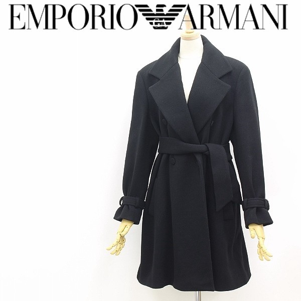 ◆EMPORIO ARMANI エンポリオ アルマーニ リボンベルト付 ウール ダブル コート 黒 ブラック 40拍卖