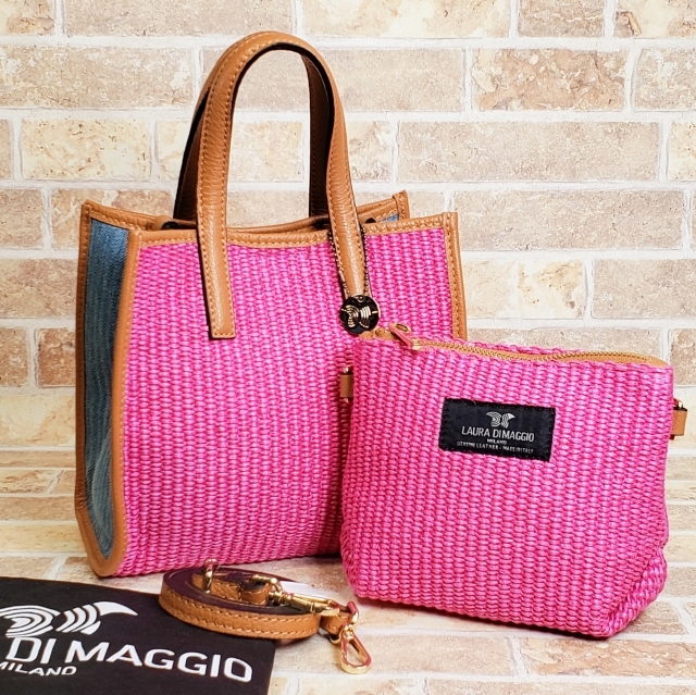 未使用 ローラディマッジオ ラフィア デニム レザー インバッグ付 3WAY ショルダーバッグ ハンドバッグ Laura di Maggio拍卖