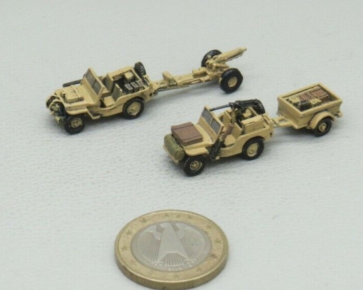 ●完成品1/144 ウィリスジープ,2輌セット,75mm榴弾砲,カーゴトレーラー付き,英国,WW2拍卖