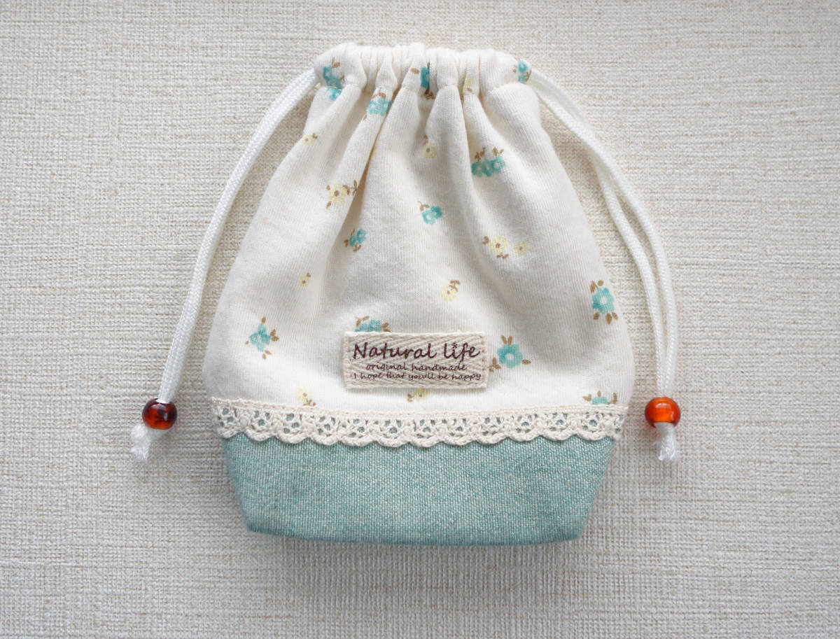 ★ ハンドメイド グリーンの小さな花柄 ミニ巾着 ★拍卖