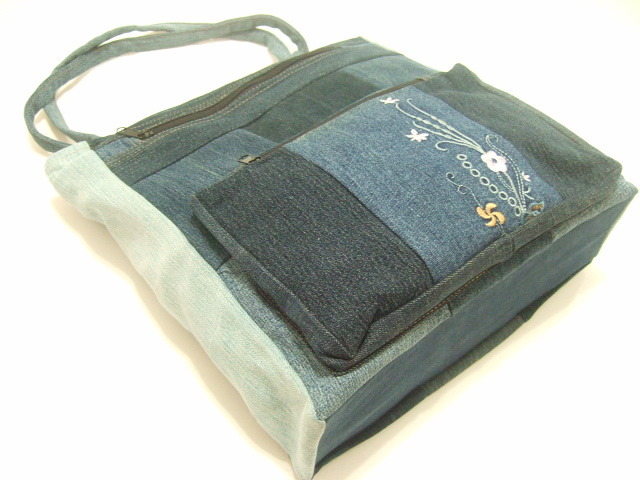 s横浜最新 デニム肩掛けトートバッグ格子花柄♪リメイクオリジナルバッグ 横巾約30cm 縦35cm メンズレディース 送料710円ξblξ ξm43拍卖