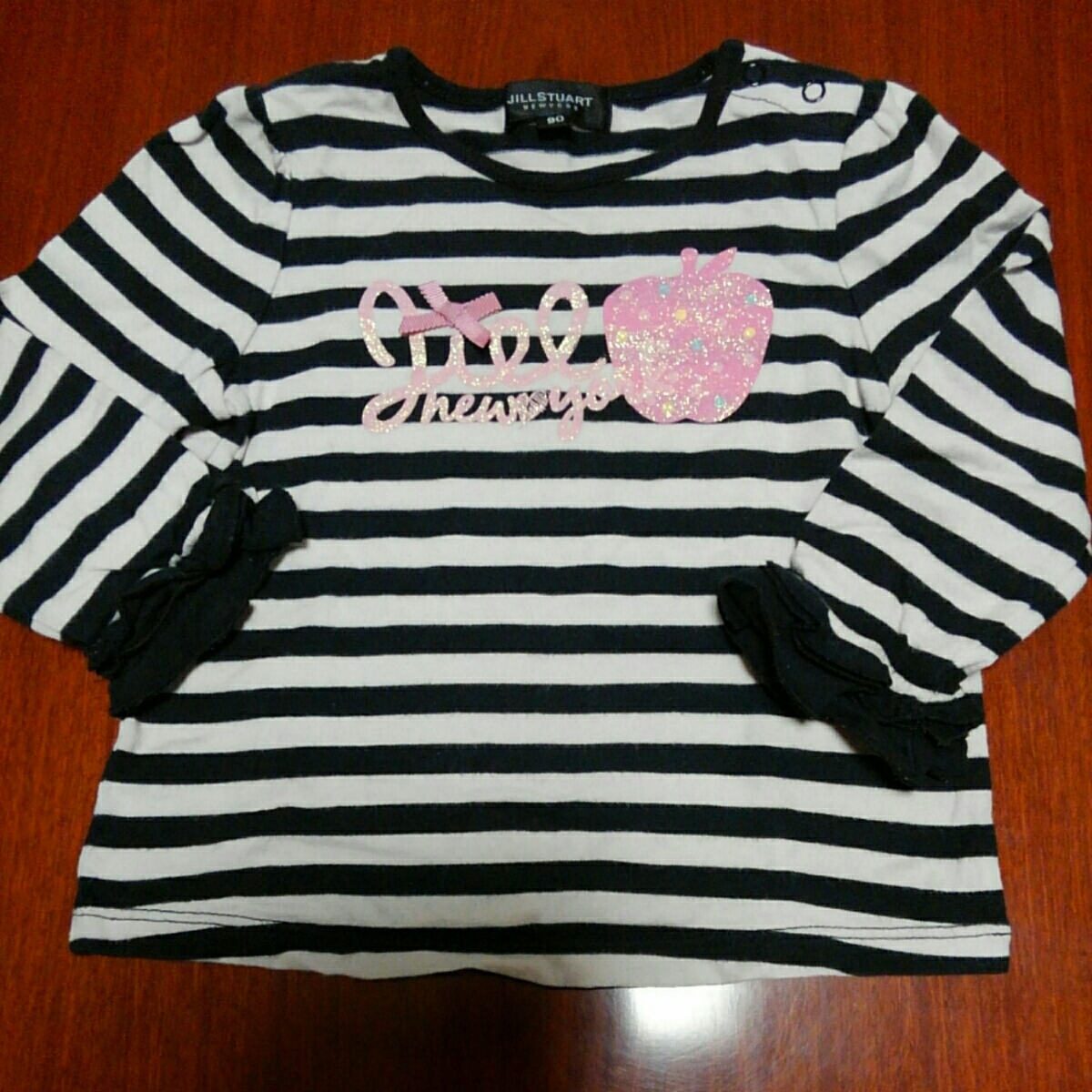 ジルスチュアート JILLSTUART ロンT 長袖Tシャツ 90㎝ ピンク×黒 ボーダー リボン ラメプリント 中古拍卖