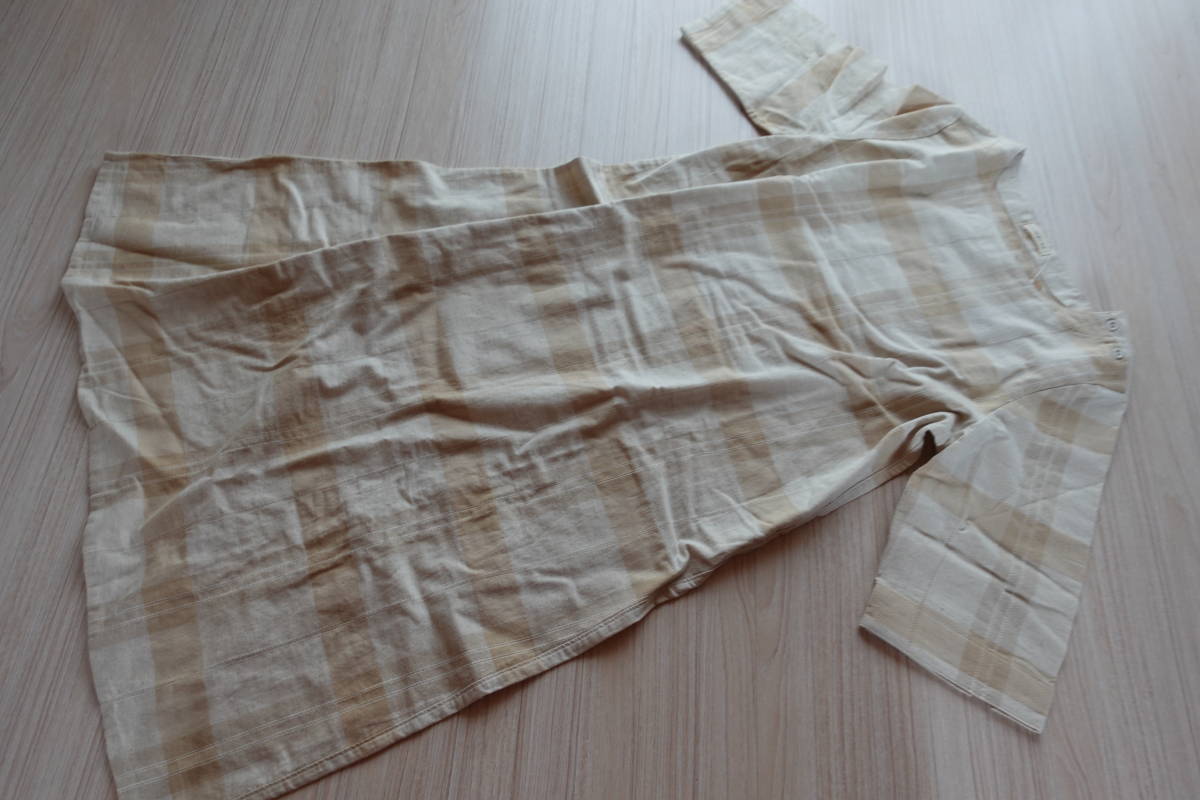 送料無料★新品L【embelge】綿&麻ゆったりチェック柄ワンピース★ベージュ春夏通勤通学旅行デートレディースらくちん涼しい拍卖