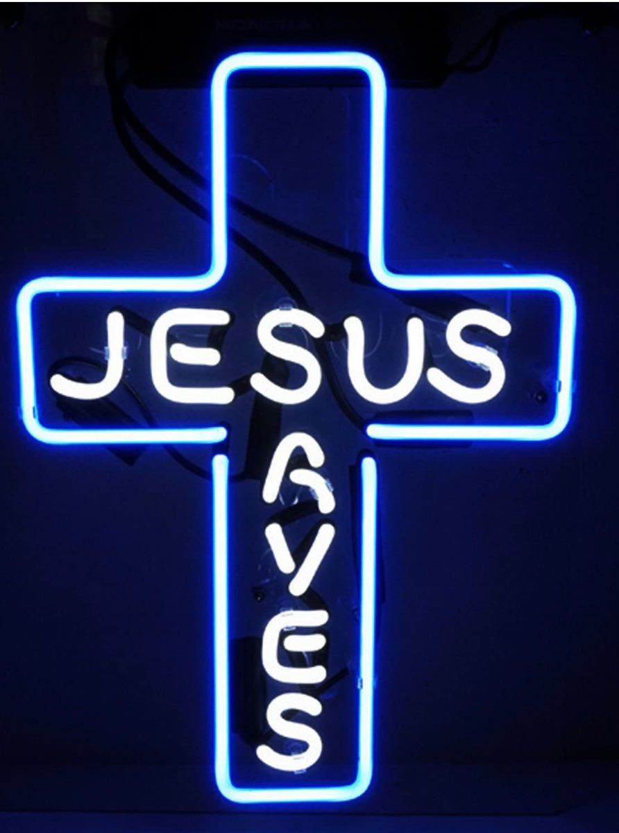 オーダー 十字架 ネオン JESUS SAVES 看板ライト 青白 35.5×23cm オリジナル拍卖