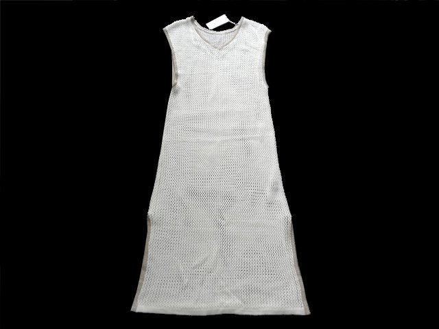 新品 FLASH BLUE 透かし編み Vネック ニット ワンピース M ノースリーブ 重ね着 ロング ベスト 白 拍卖