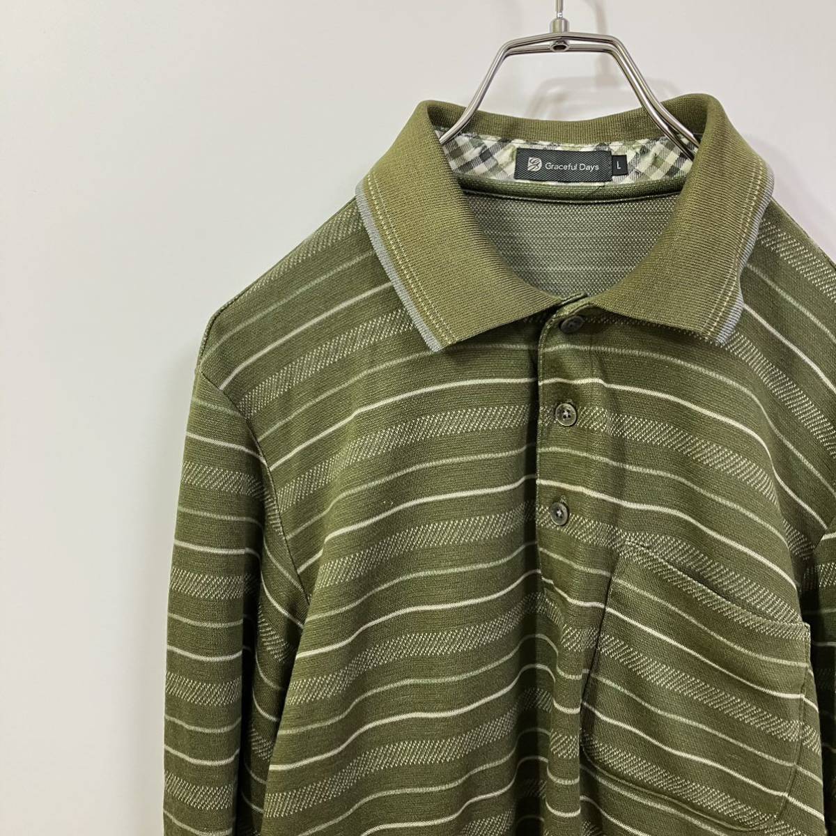 古着 ボーダー ジャガード デザイン ポケット 長袖 ポロシャツ拍卖