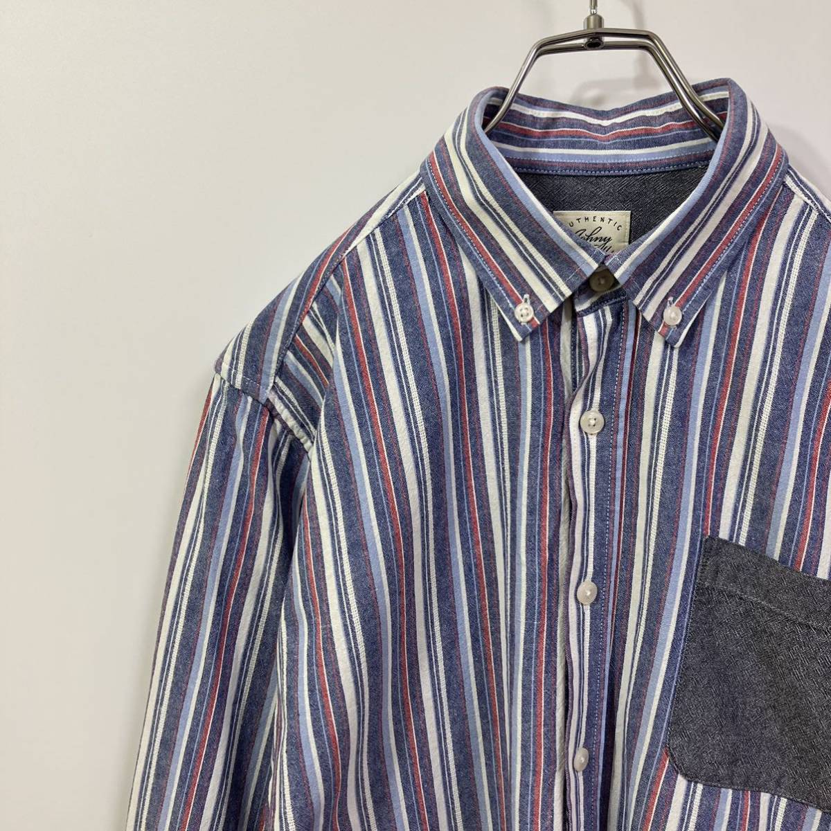 古着 マルチカラー ボーダー ポイント ポケット デザイン 長袖 ボタンダウン ラウンドカット コットン シャツ拍卖