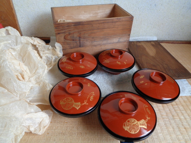 レトロ 旧家蔵出し 漆芸 吸椀・塗り椀 5客セット/汁椀・吸物椀/樹脂製/木箱入美品-長期保管品拍卖