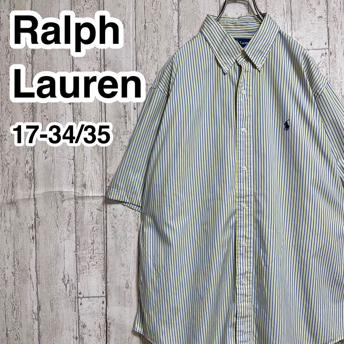 ☆送料無料☆ Ralph Lauren ラルフローレン 半袖 ボタンダウンシャツ 17-34/35 イエロー ブルー ホワイト ストライプ ビッグサイズ 23-15拍卖