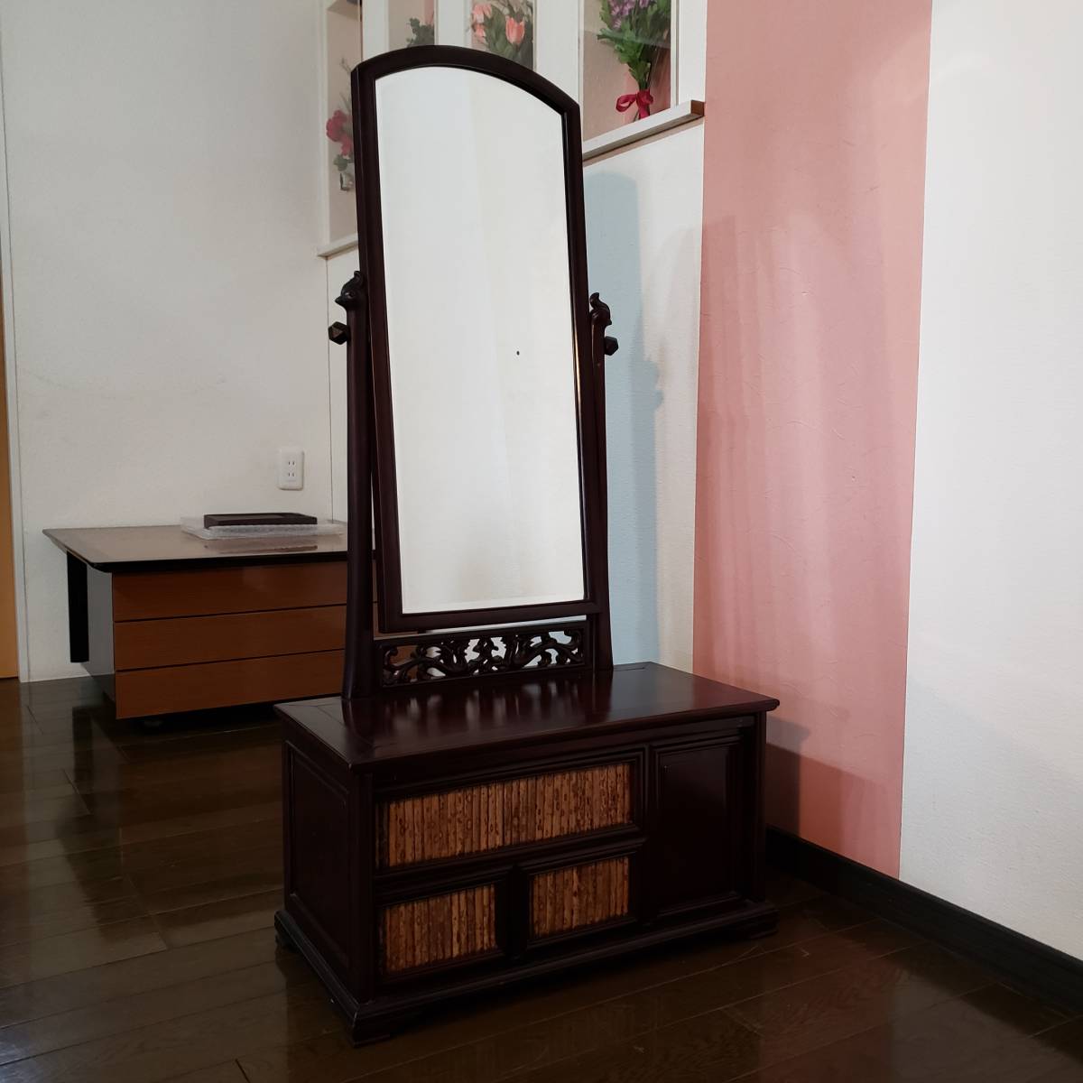 H-421 最高級 家具 化粧台 時代品 時代唐木紫檀美杢無垢/斑紋竹細工/化粧台極 高さ120 幅60 奥行30 鏡 縦79 幅34拍卖