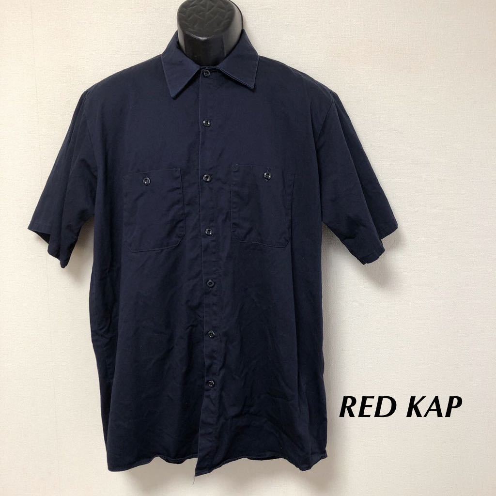 RED KAP◇レッドキャップ /メンズL ワークシャツ 半袖シャツ トップス ネイビー 無地 二つポケット コットンシャツ アメカジ USA古着拍卖