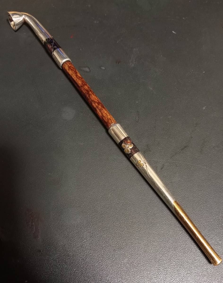 班竹 喫煙具 四分一 金口煙管 金嵌 銀彫 梅花 全長21cm 重22g【正義 銘】金縁煙管筒・四分一金煙管・金口キセル・金口旱烟管拍卖