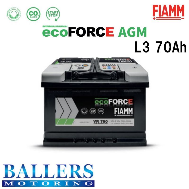 FIAMM バッテリー ecoFORCE AGM/70Ah L3 VW ポロ 6R 6C 1.8GTI 2014年11月~ VR760 フィアム拍卖