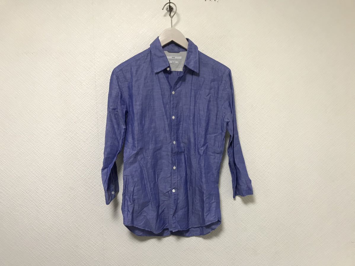 本物シップスshipsコットンリネン麻7部丈長袖シャツメンズミリタリービジネススーツサーフアメカジ青ブルーS日本製拍卖
