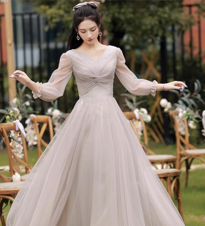 オシャレパーティードレス レディース ワンピース レース ロング丈 長袖 vネック 無地 フォーマル 結婚式 演出服 x268拍卖