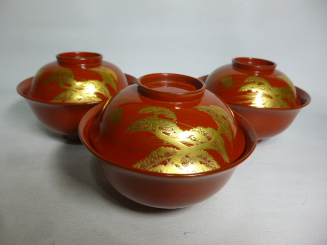 蒔絵 吸物椀 3客揃え 朱塗り 塗椀 漆器拍卖