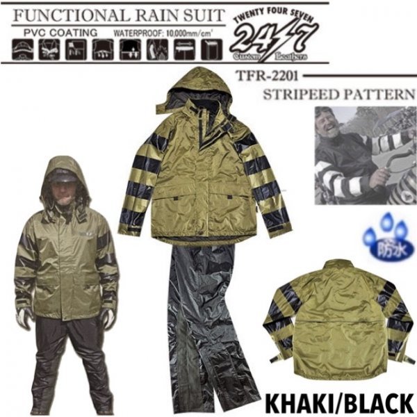 送料0 Vin&Age 24/7 C.L. FUNCTONAL RAIN SUIT ボーダーレインスーツ TFR-2201-KHAKI/BLACK-XXL プリズナー/雨具/カッパ/バイカー/大きい拍卖