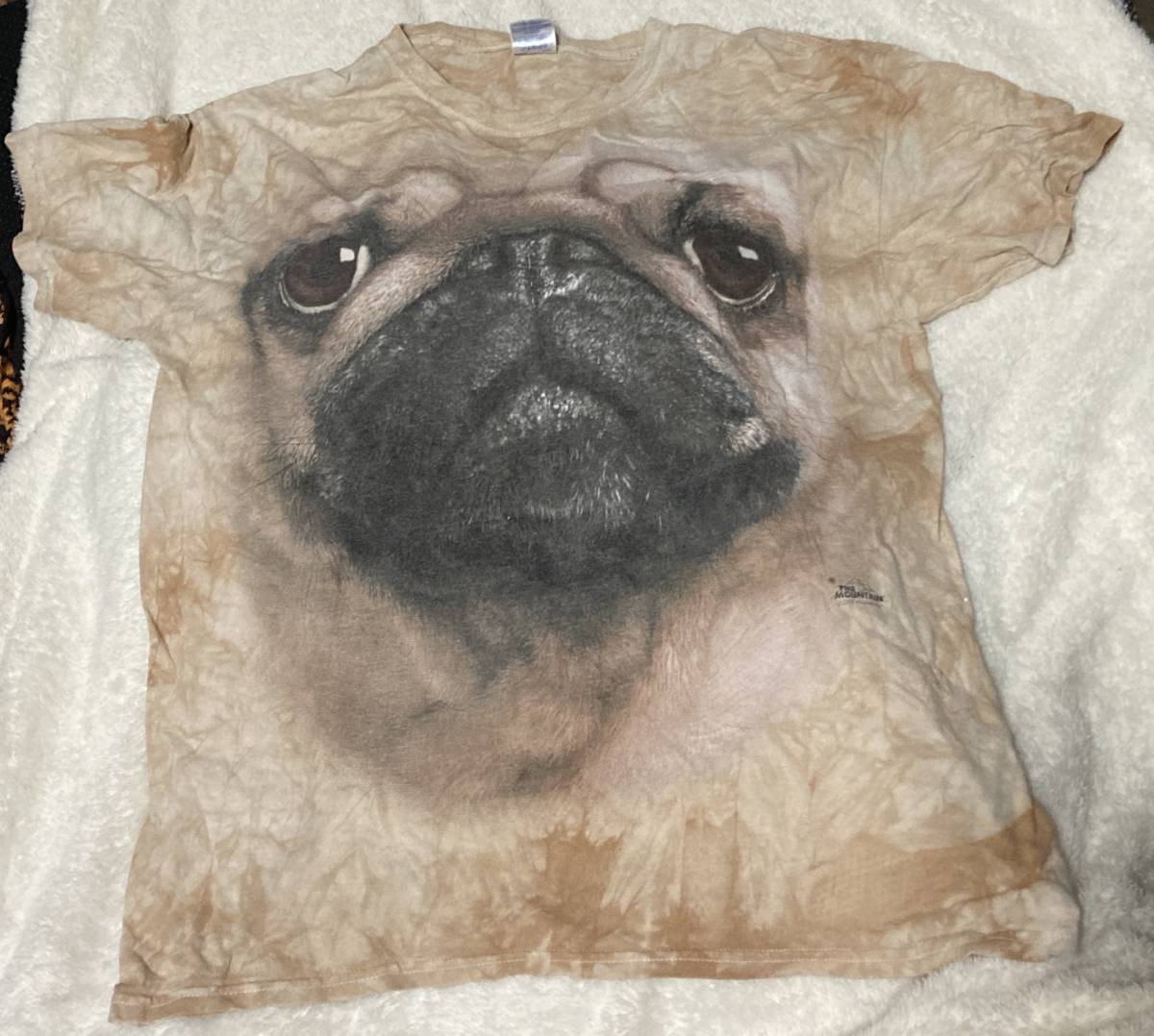 インパクト大!! 流行の輸入タイダイ染めTシャツ♪犬ワンちゃんブルドッグの顔が全面プリントされた海外 Lサイズ USA古着拍卖