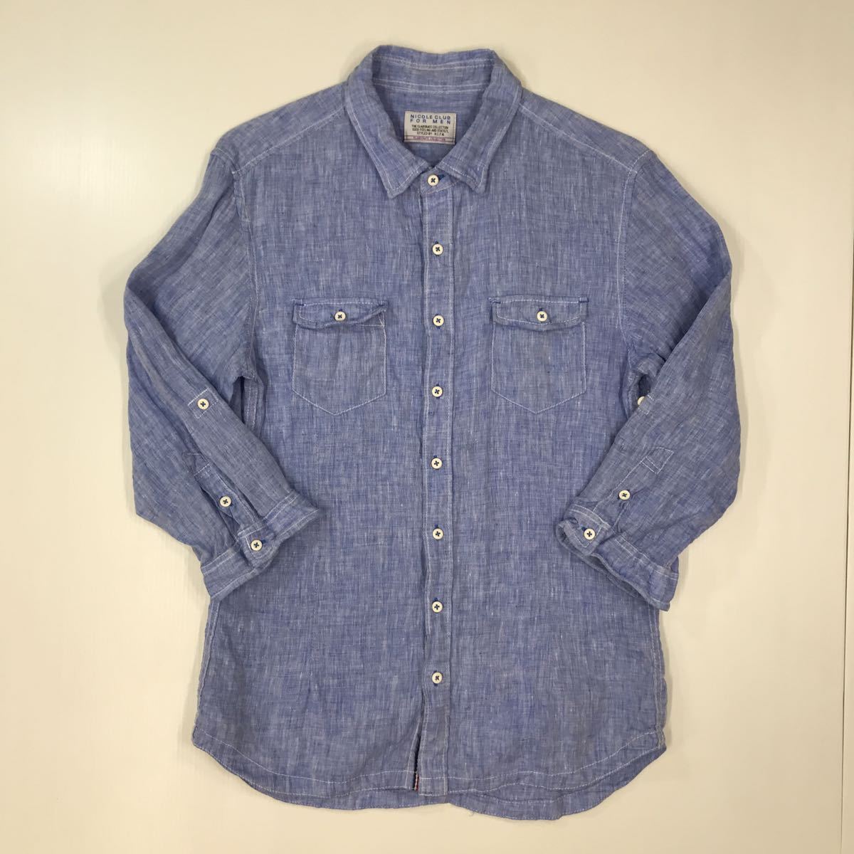 ● NICOLE CLUB FOR MEN ニコルクラブ 七分袖 麻100% 袖捲りストラップ 襟袖ワイヤー入り サイズ46 M 25-39a拍卖