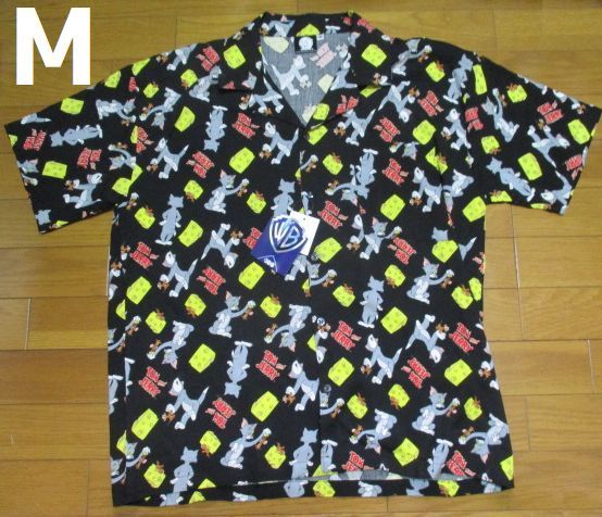 新品 即決価格! トムとジェリー アロハシャツ Mサイズ 総柄 TOM and JERRY 正規品 黒 半袖 シャツ レーヨン100%拍卖