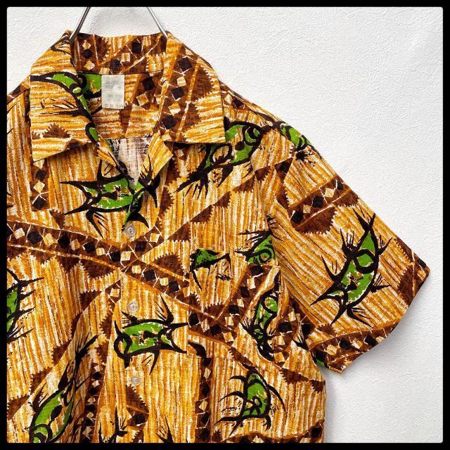 【アースカラー】総柄 開襟 半袖シャツ アロハシャツ ライトブラウン メンズ Mサイズ拍卖