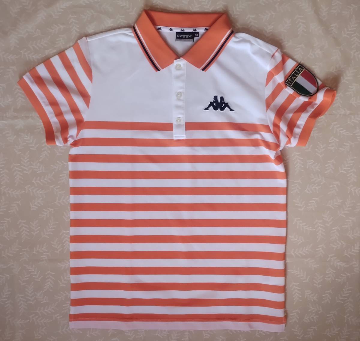 美品! カッパ Kappa 半袖シャツ サイズM(やや小さめ) オレンジ×白×ボーダー 超ドライ 細かいメッシュ風速乾やや薄手生地拍卖