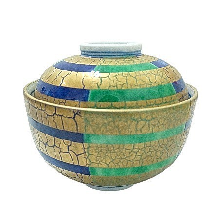 16鋤) 未使用 金箔二色 蓋向 中鉢 陶器 和食器 割烹 料亭 祝い 蓋付き 青 緑 ゴールド 碗 (230517 A-5)拍卖