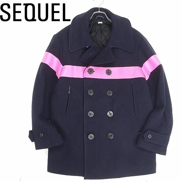 新品 21AW●SEQUEL シークエル ライン メルトン ウール Pコート 紺 ネイビー×ピンク L拍卖