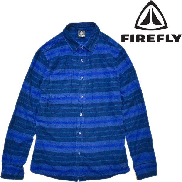 1点物◆USAブランドFIREFLY紺ネルシャツ長袖ボーダー柄シャツ古着メンズMLレディースOKアメカジ90sストリート/スポーツ中古ネイビー558476拍卖