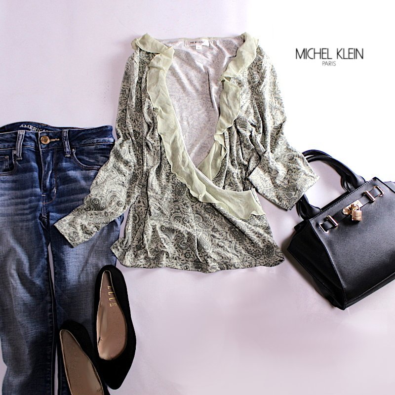 美品 ミッシェルクラン MK KLEIN 春 夏 シフォン フリル 花柄 ストレッチ Tシャツ カットソー ブラウス 38 9号 淡い グリーン ペイズリー拍卖