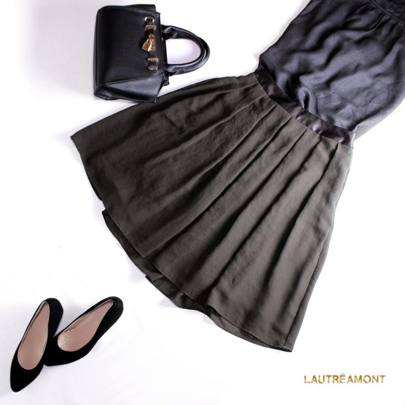 美品 ロートレアモン LAUTREAMONT ■ 春 夏 シフォンスカート フレアスカート 1 7号 ダークブラウン サテン切替 フォーマル拍卖