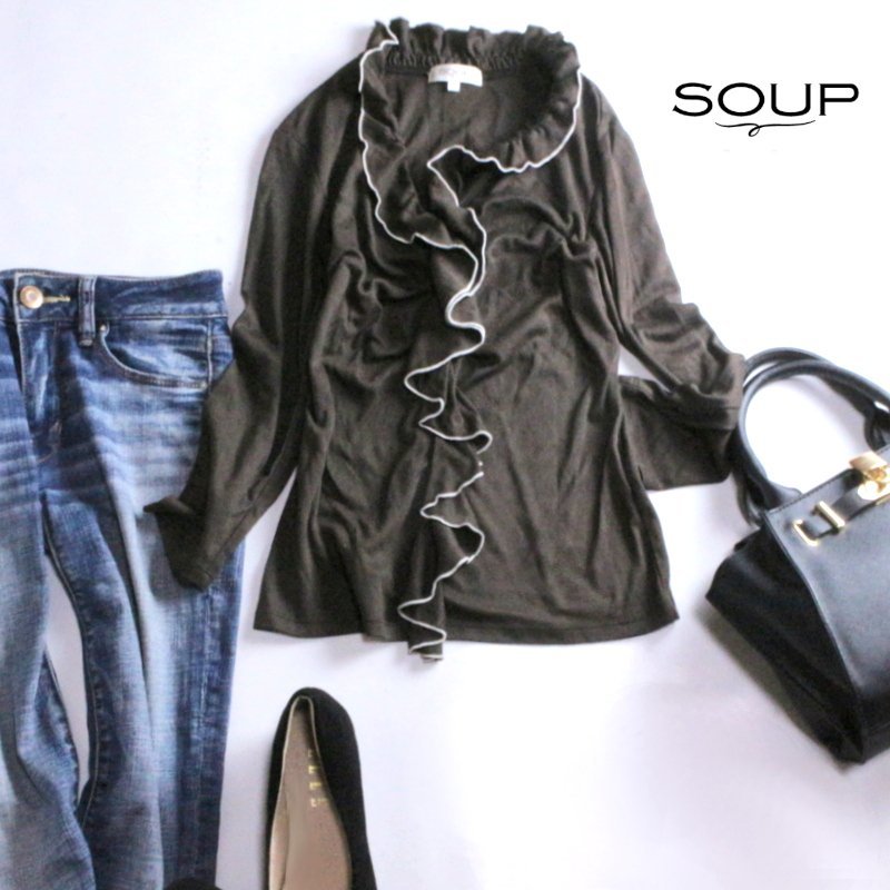 美品 スープ SOUP 株) ワールド ■ 春 合物 ストレッチ Tシャツ フリルカットソー ブラウス 9号 ダークブラウン 細身 プルオーバー拍卖