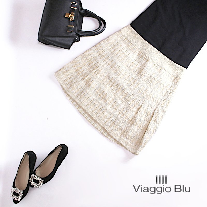 美品 ビアッジョブルー Viaggio Blu ■ 春 高級感 上質 フリンジ ミックス ツイードスカート 2 9号 フォーマル セレモニー ラメ ベージュ拍卖
