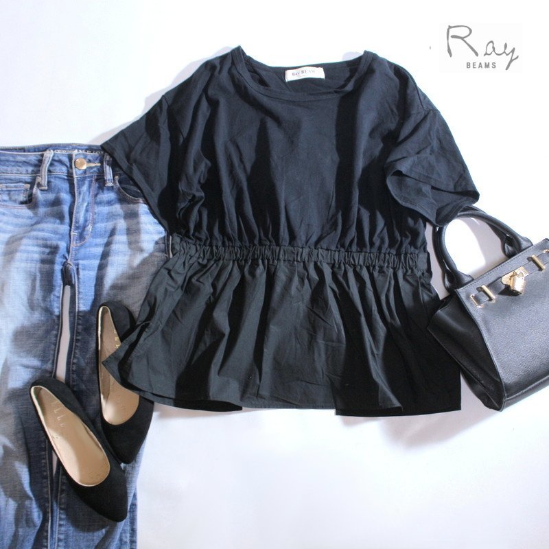 美品 レイ ビームス Ray BEAMS ■ 夏 大人綺麗 シャツ切替 半袖 カットソー プルオーバー ブラック 黒 フレア拍卖