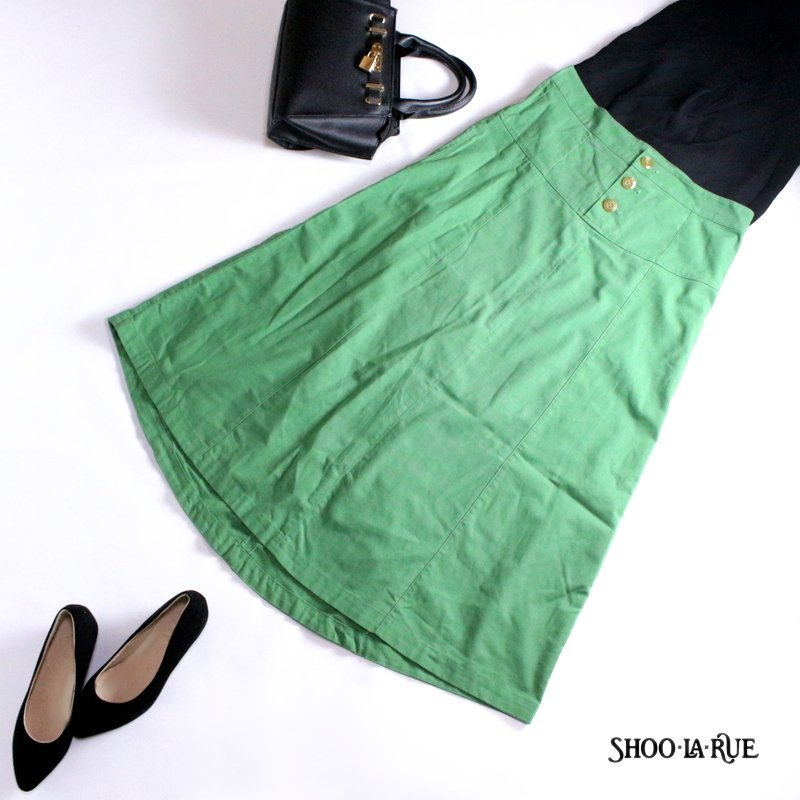 美品 シューラルー SHOO・LA・RUE 株) ワールド 春 夏 きれい色 コットン シンプル Aライン ロングスカート L グリーン 緑 フレアスカート拍卖