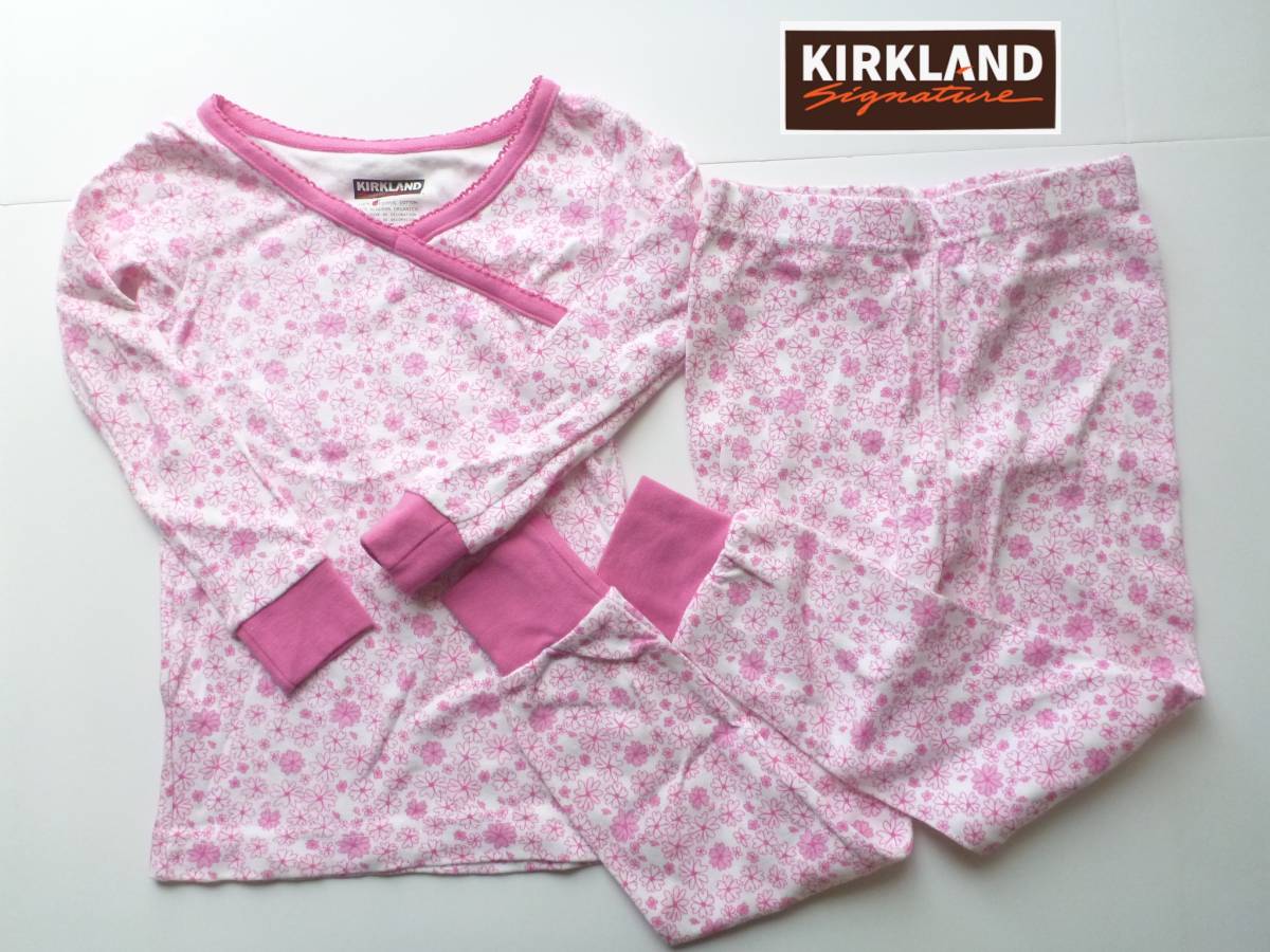 新品 KIRKLAND カークランド ★上質オーガニックコットン100 ピンク 花柄 長袖 パジャマ 上下セット 4 110拍卖