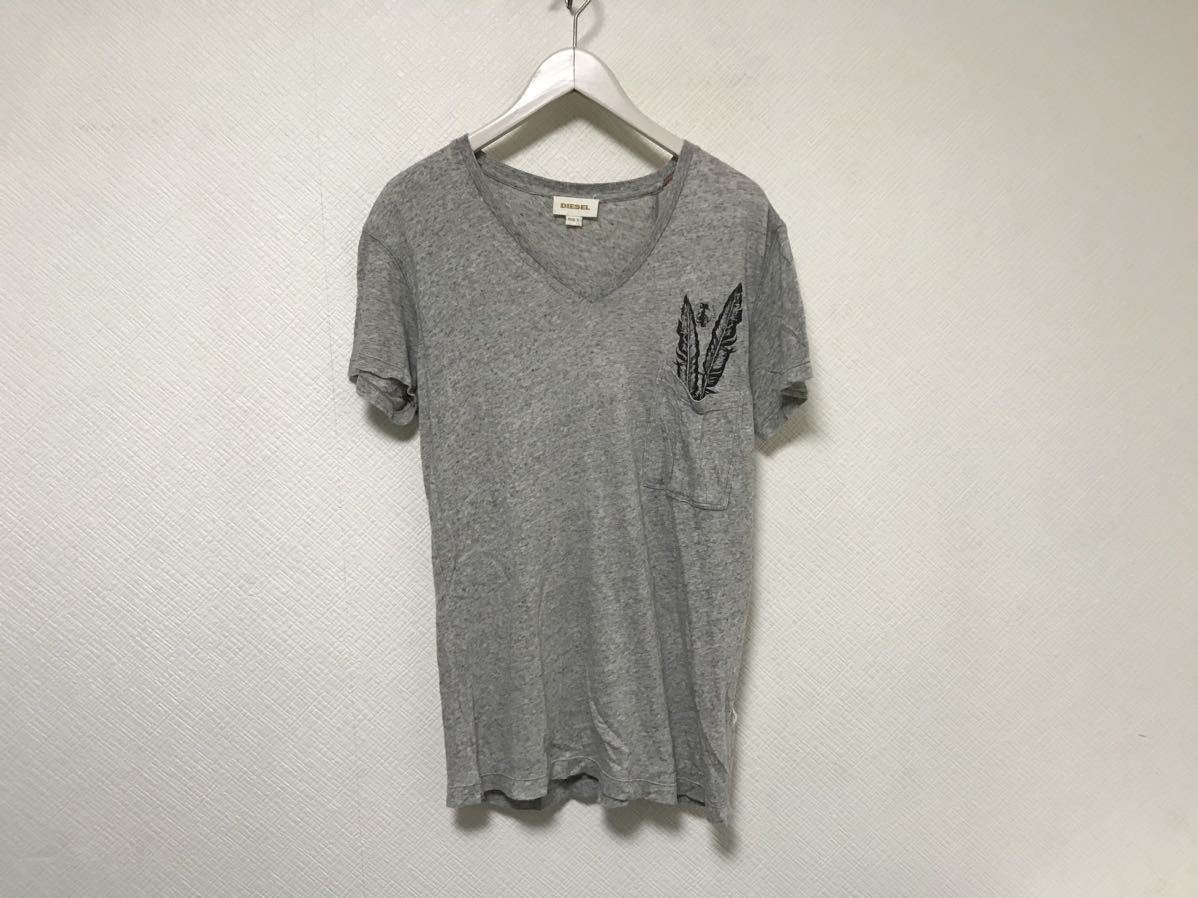 本物ディーゼルDIESELコットンプリント胸ポケットVネック半袖TシャツメンズアメカジサーフミリタリービジネスグレーL拍卖