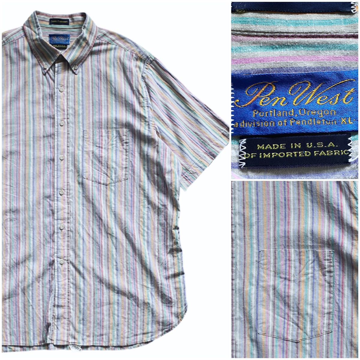 USA製 80's PENDLETON PEN WEST ペンドルトン ペンウエスト ヴィンテージ 半袖 シャツ キャンディー ストライプ インド綿 リネン アメリカ拍卖