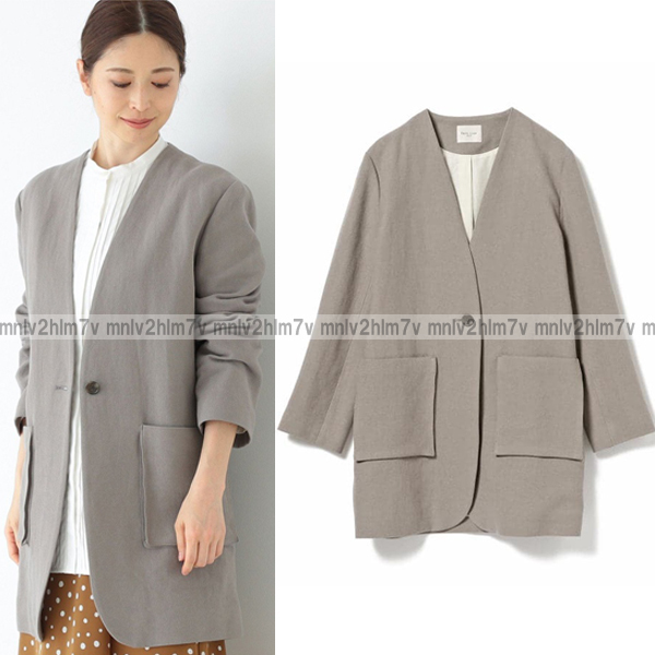 定37400円【デミルクス ビームス Demi-Luxe BEAMS】ペーパーコットン 1ボタンジャケット ノーカラージャケット モカ グレージュ拍卖