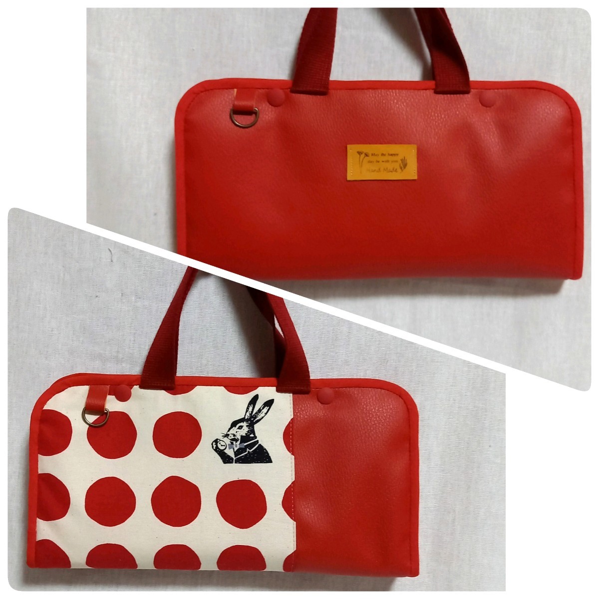 手作り☆赤いマルとレトロうさぎ&赤の合皮☆任天堂Switch対応2つ折りポーチ拍卖