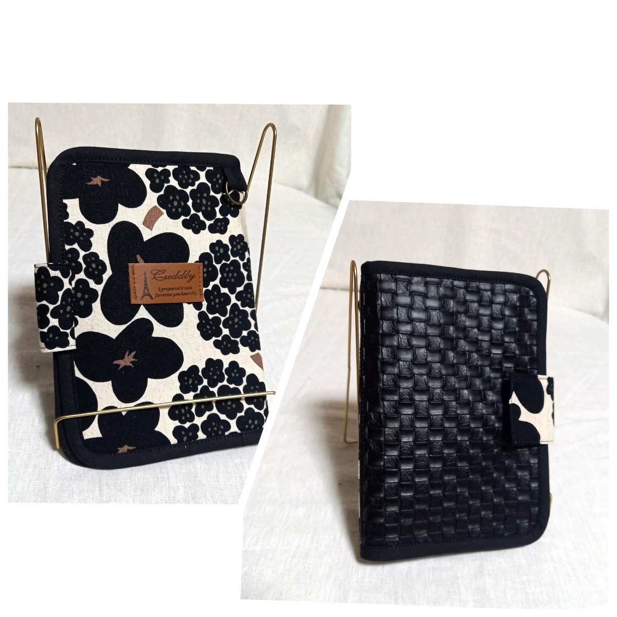 手作り☆北欧風お花柄と編み込みデザインの黒の合皮の手帳カバー拍卖