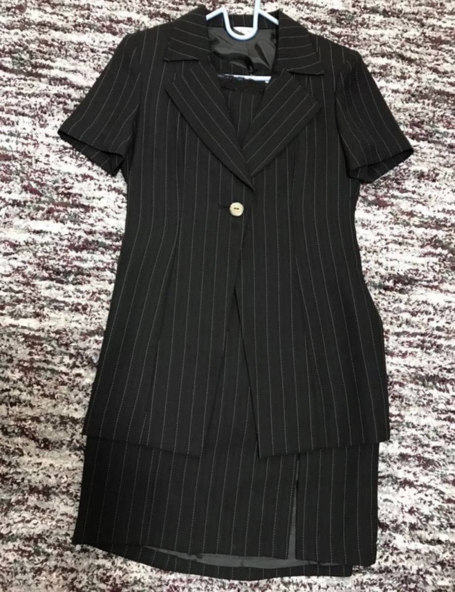 L.R 夏用 半袖スーツ アンサンブル ワンピース 黒 ストライプ 9号 表記 バスト83 ヒップ91 身長158拍卖